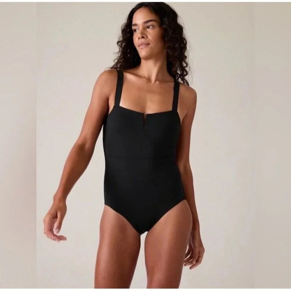 Athleta Square Neck V Cup One Piece Swimsuit Womens 36B/C Black Slimming - Picture 1 of 13